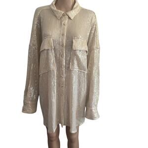 Anthropologie Pilcro Shirt Women 2X Beige Sequin Button Down Sparkle Party Top